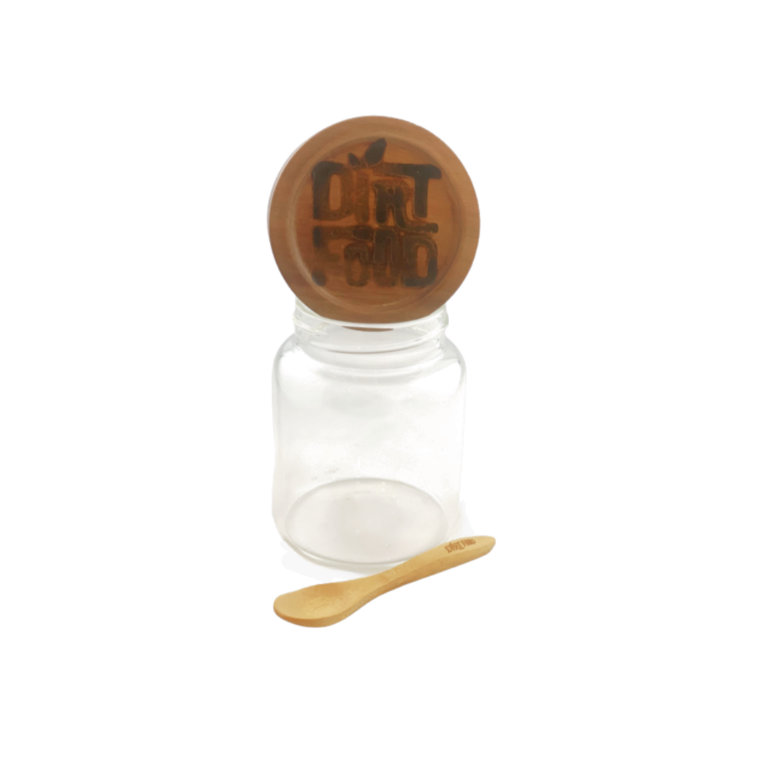 Glass Jar w/ Wooden Lid + Bamboo Spoon