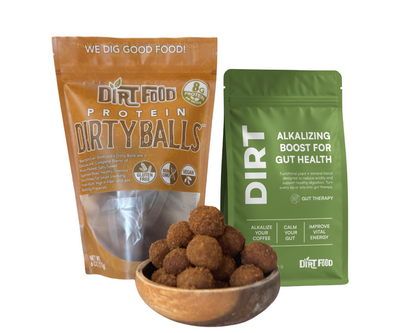 Alkalizing DIRT Blend + Protein Dirty Balls for a combination of snacks and a boost of gut health for your coffee