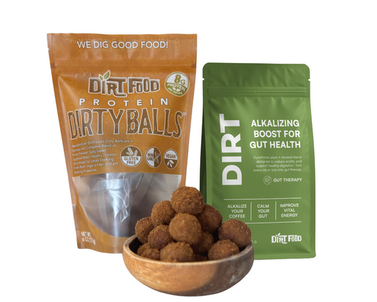 Alkalizing DIRT Blend + Protein Dirty Balls for a combination of snacks and a boost of gut health for your coffee